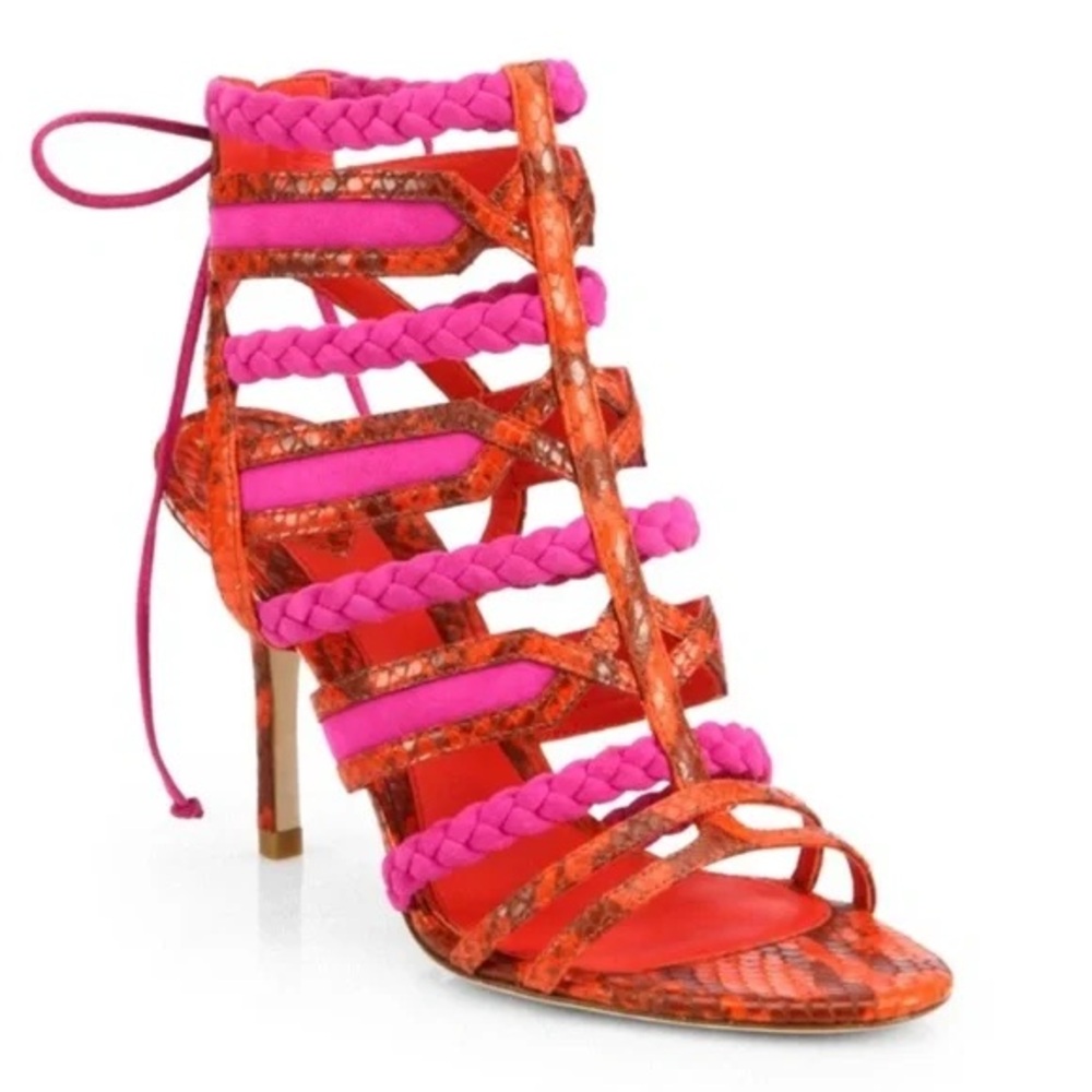 B Brian Atwood - Elisa Python Sandals in Pink and Orange - Sz 10